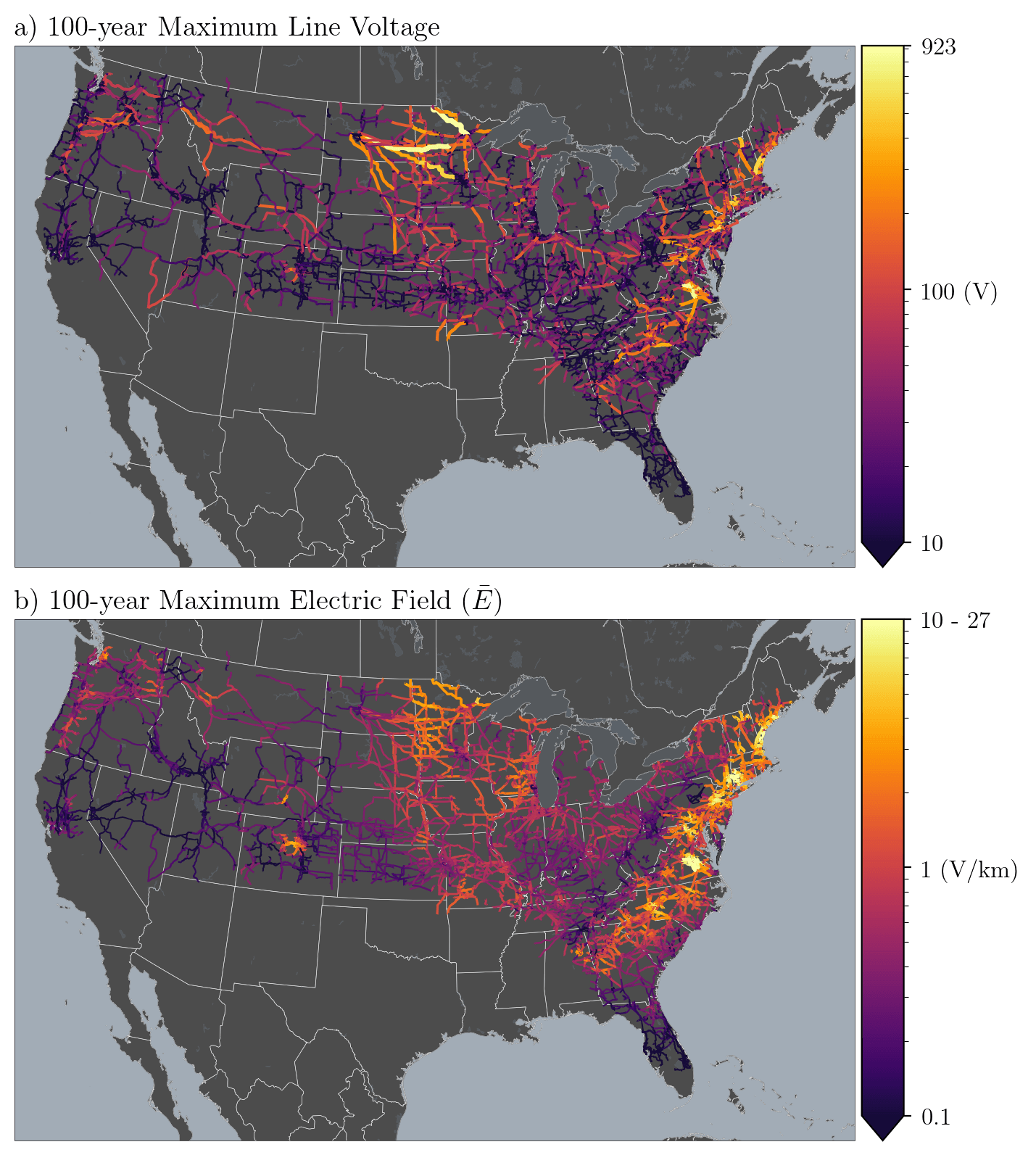 Map of induced voltages along US high-voltage transmission lines for a 100-year storm, with the largest voltages in the upper Midwest and Northeast