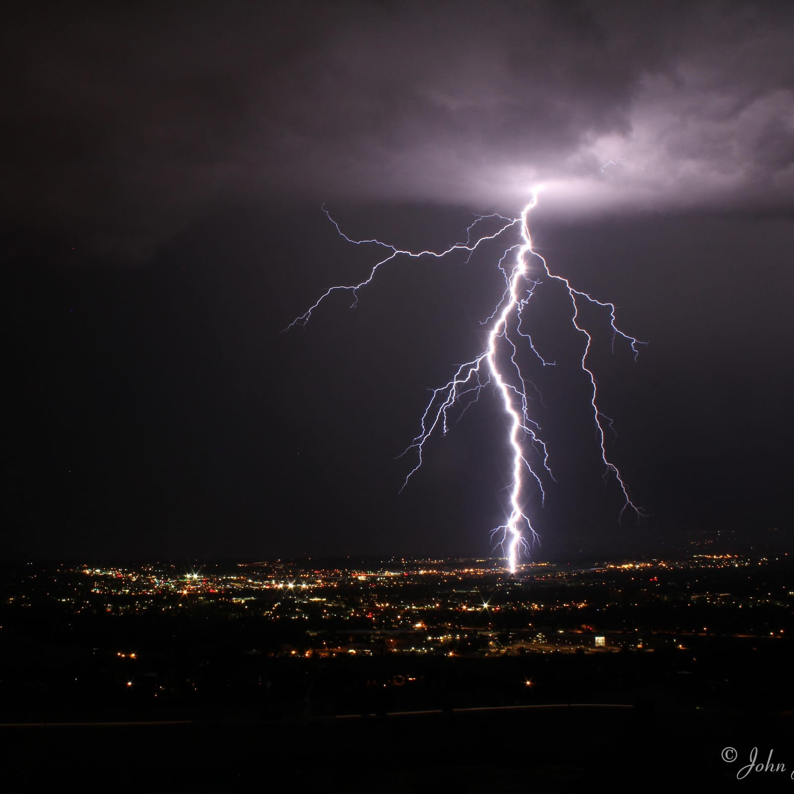 A lightning strike over Boulder, Colorado at night