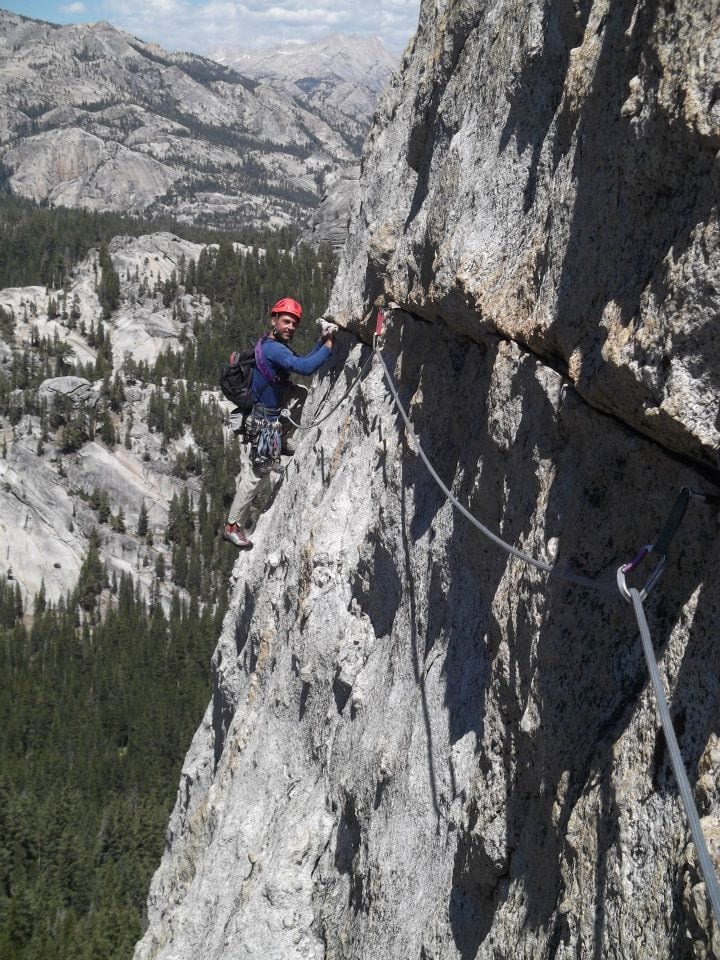 Climbing "On the Lamb", a horizontal crack route in Tuolumne Meadows, Yosemite